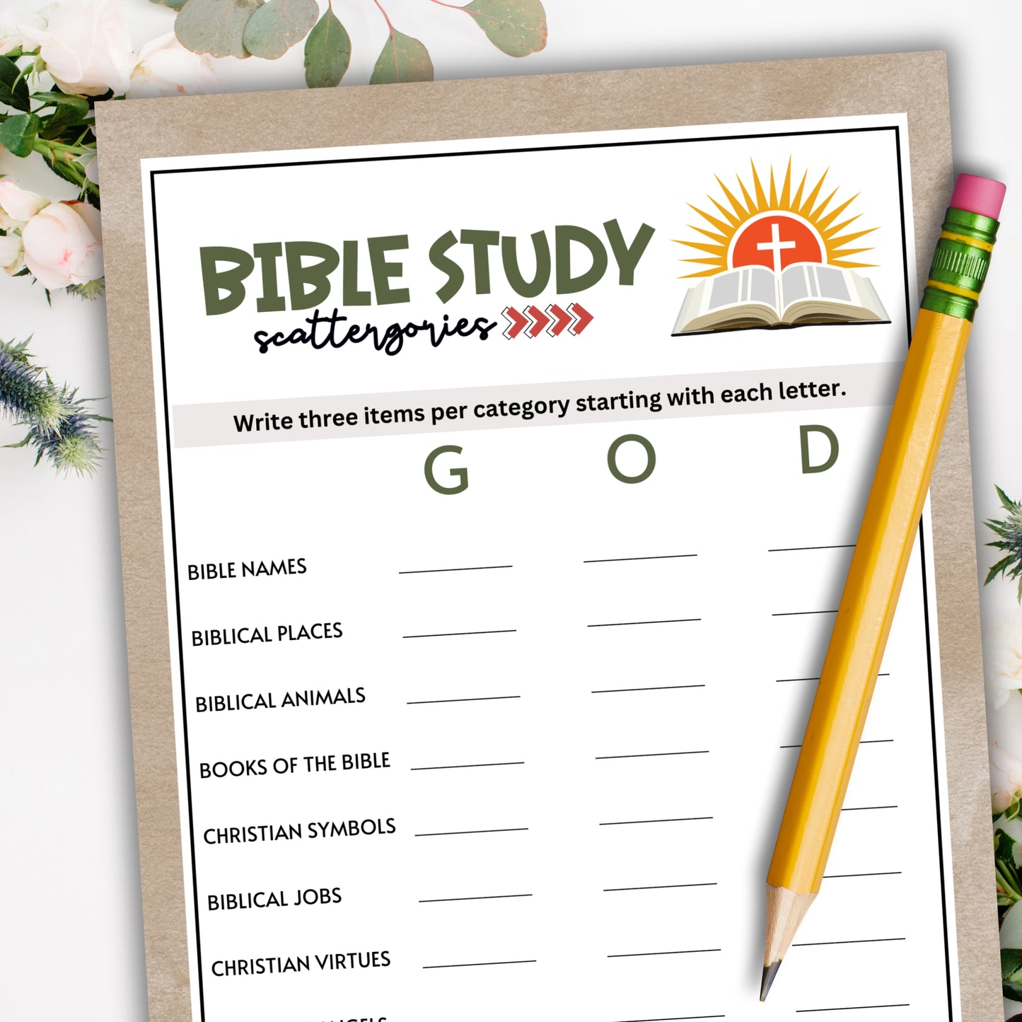 Test your knowledge with your church group, women's ministry, bible study, or tea luncheon with this fun and engaging scattered category game! Guests are given several sets of categories where they must list three items in each category, starting with each of three letters.