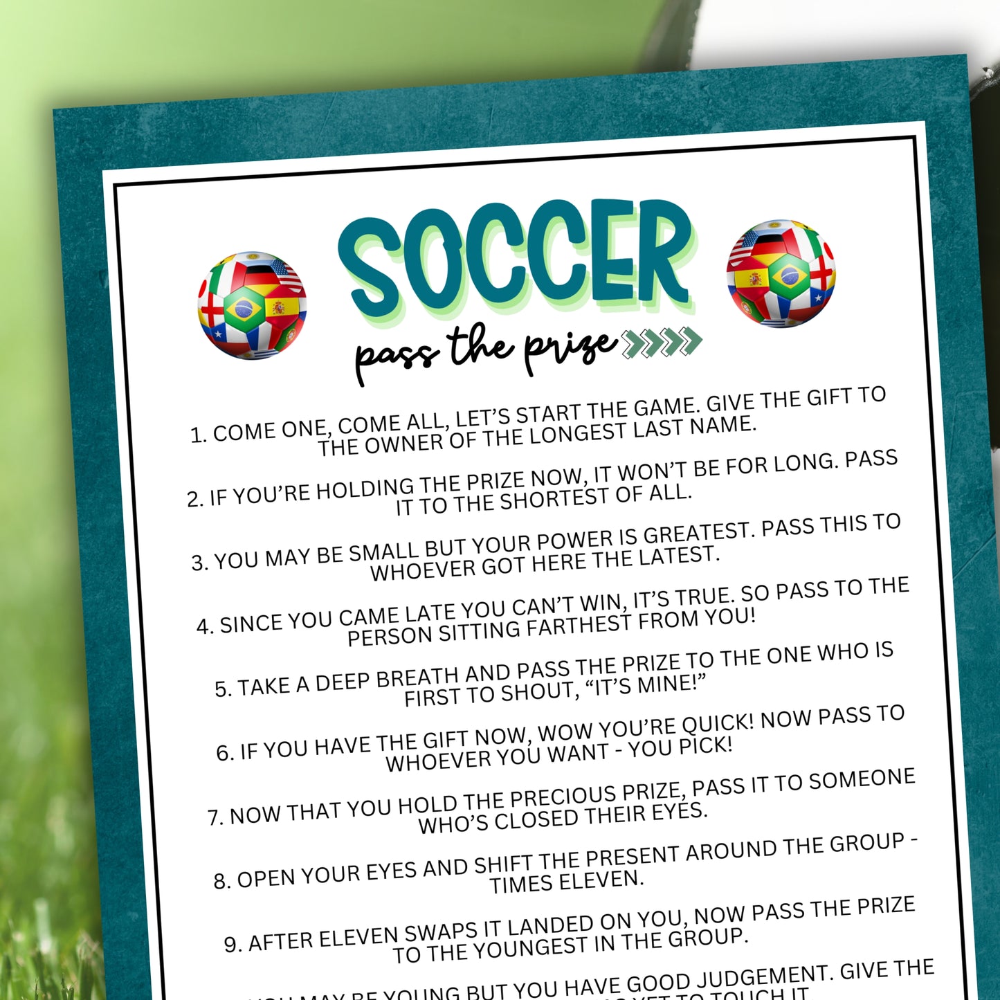 Are you seeking a fun and engaging activity to foster interaction and create a lively atmosphere at your soccer-themed celebration, soccer tournament, sports event, birthday party, or other soccer-related get-together? Whether you've got kids, teens, adults, and even seniors in your gathering or group, this fun Pass The Prize game from Party Prints Press is just what you need! 