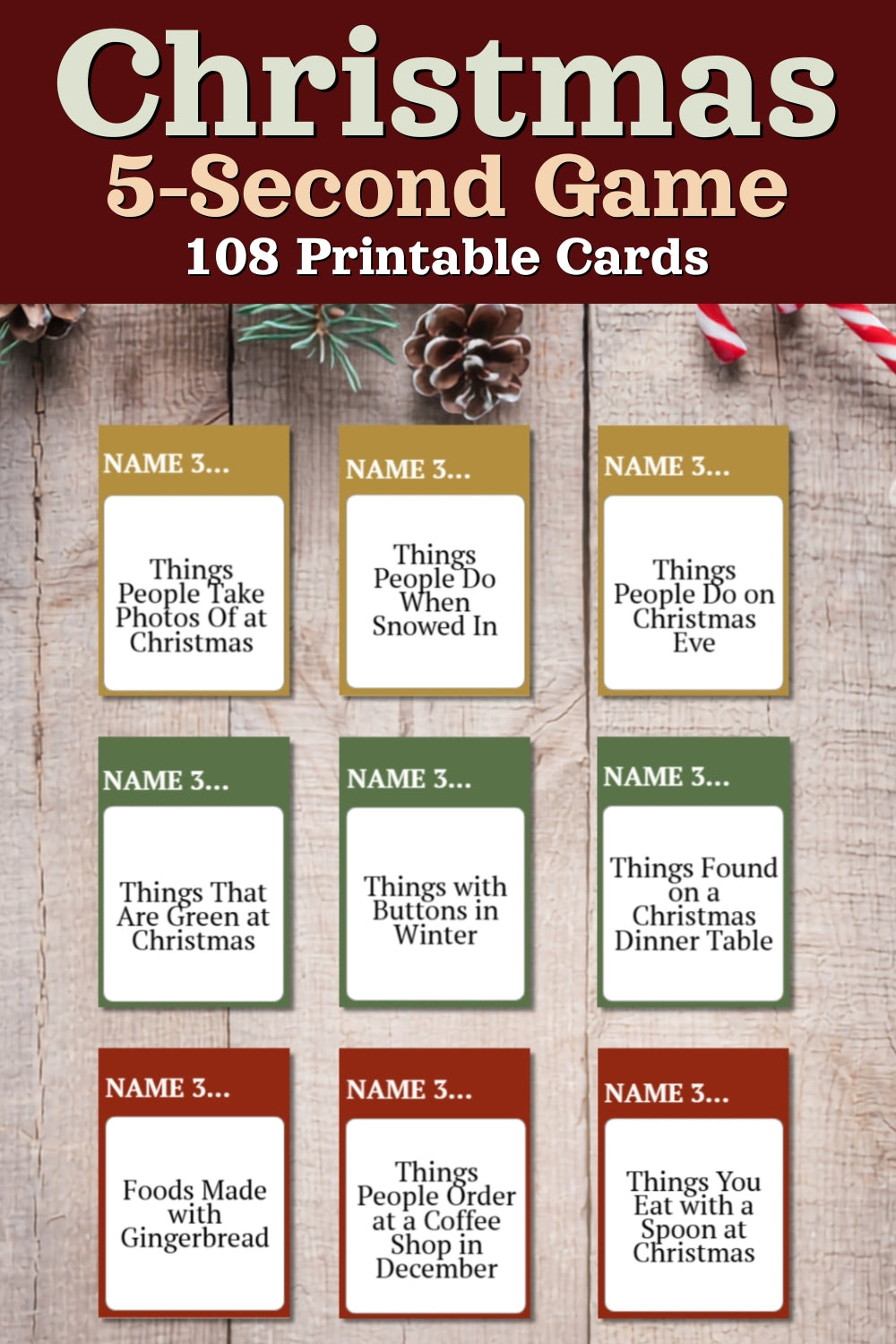Promotional graphic for a Christmas 5-Second Game printable card set, showing the title at the top and nine example card designs arranged in a grid on a rustic wood background.