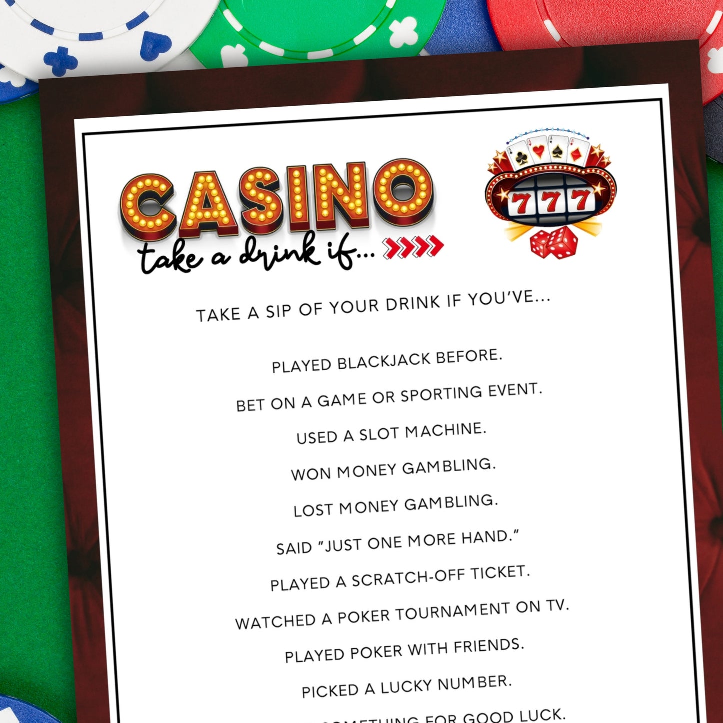 Casino Party Drinking Game - Drink If