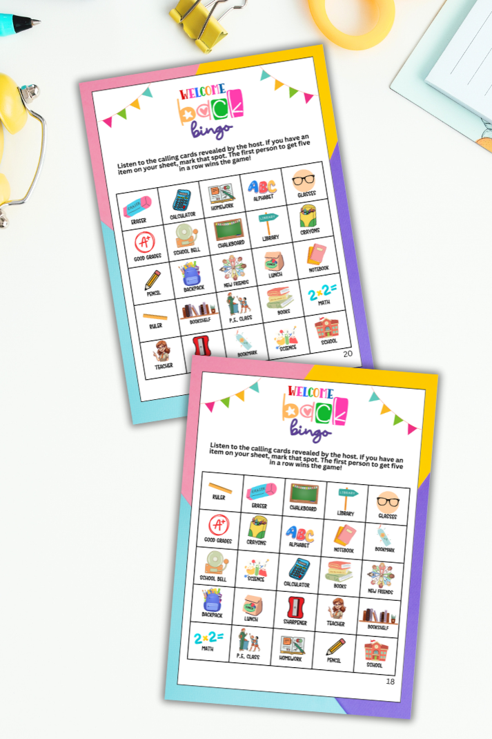 Welcome Back To School Bingo Game - Fun Activity To Start The New School Year! Looking for a cute, colorful and fun activity for teachers, students and administrative alike? This adorable "Welcome Back To School" BINGO game from Party Prints Press is just what you need! 