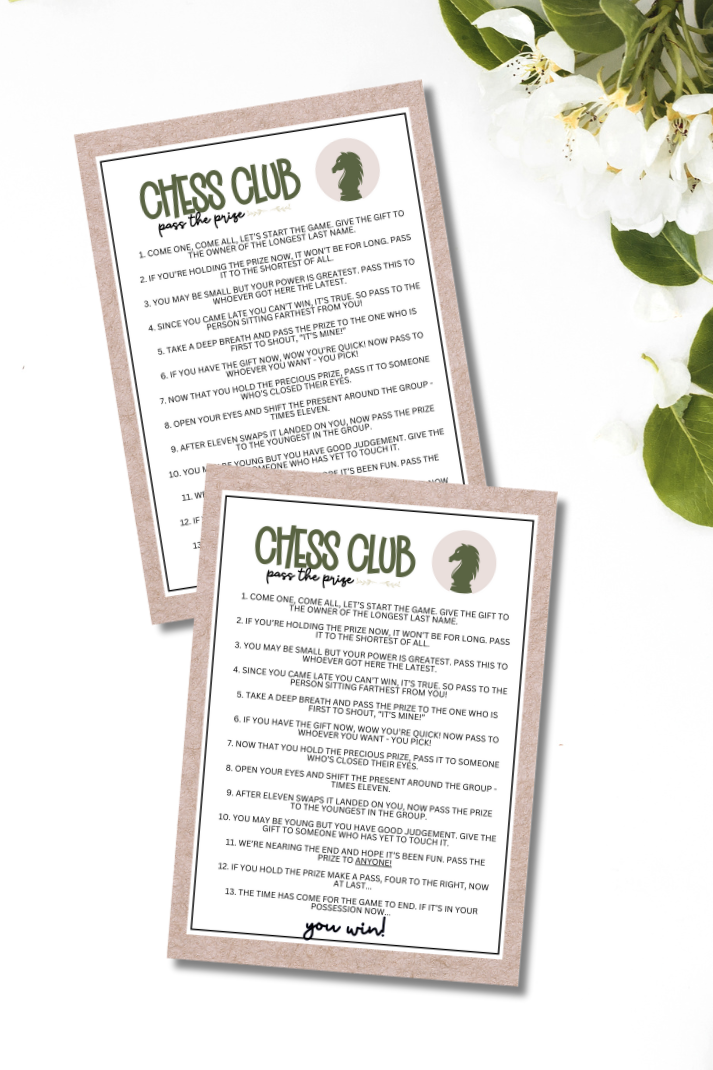 Are you seeking a fun and engaging activity to play with your friends or group members at your next chess club meetup, party, or gathering? Whether you've got kids, teens, adults, and even seniors in your gathering or group, this fun Pass The Prize game from Party Prints Press is just what you need!
