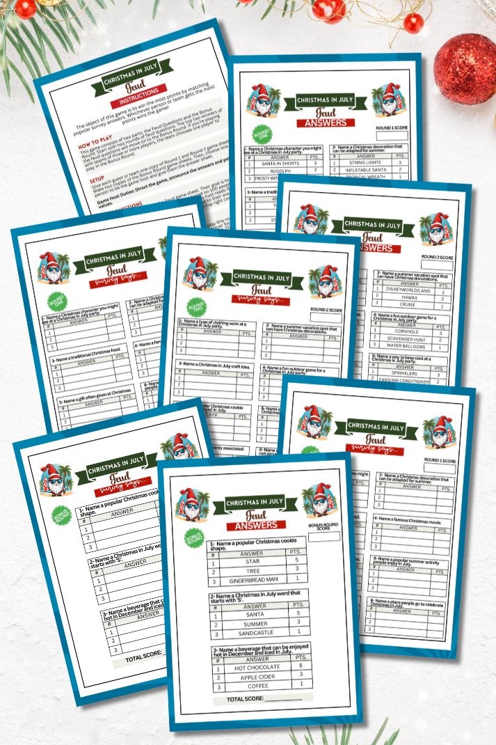 Get ready for some summer fun with Christmas in July Friendly Feud! This printable game is the perfect idea for your mid-year holiday celebrations. Whether you're hosting a summer get-together or just looking for some fun with loved ones, this game is sure to be a big hit!