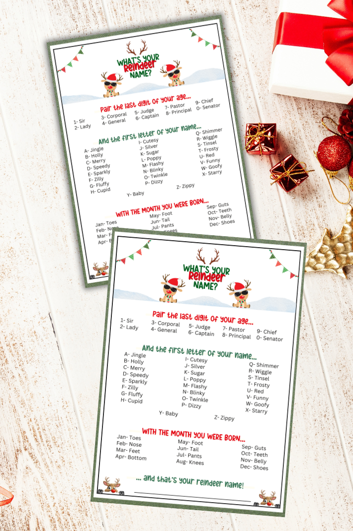 Whether you're hosting a Christmas party, setting up a fun activity for a holiday office party, or just looking to add a sprinkle of festive joy to any gathering, the "What's Your Reindeer Name?" game from Party Prints Press is the perfect addition to your holiday celebrations! Ideal for Christmas enthusiasts of all ages, this printable activity is a breeze to play.