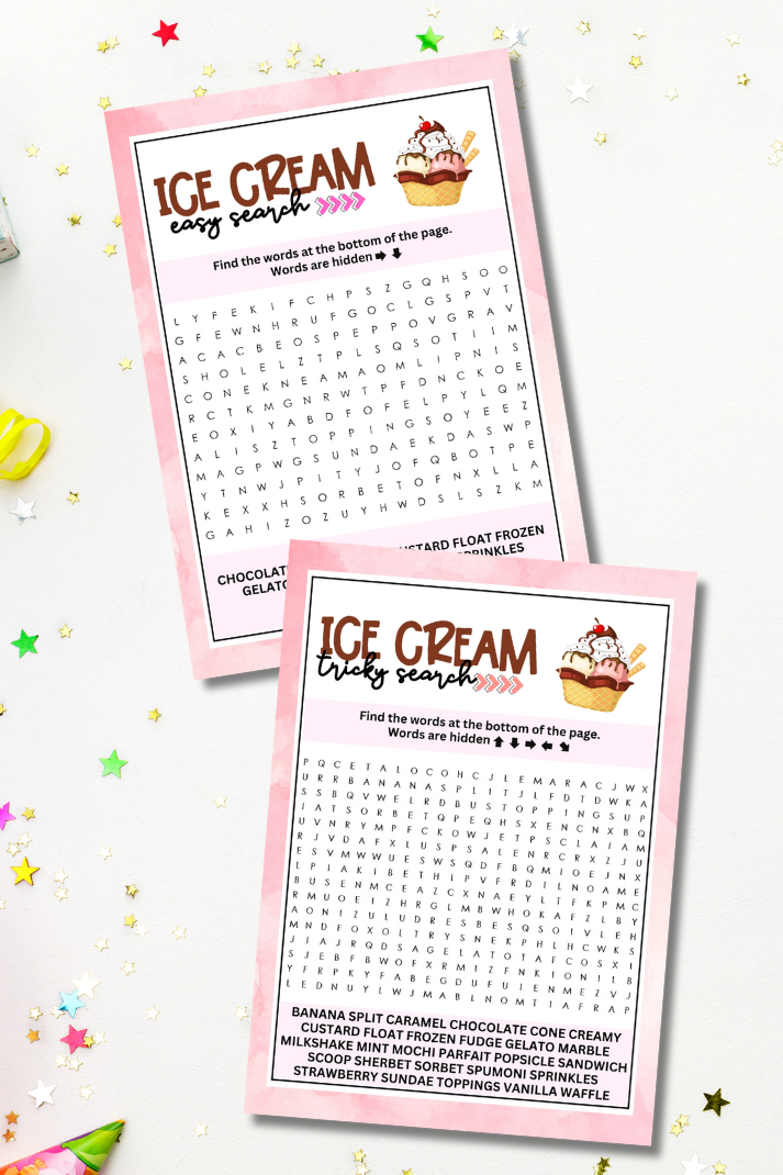 Celebrate National Ice Cream Month, Sundae Day, teen and tween birthdays or any other summer event with this specially designed dual-word search pack, perfect for every generation at your gathering! Whether you're hosting an ice cream celebration or just want to cool down and have a little summer break, this pack covers everyone. From young kids to teens and tweens, adults, and seniors, you've got everything you need with two difficulty levels, ensuring fun and challenge for all.