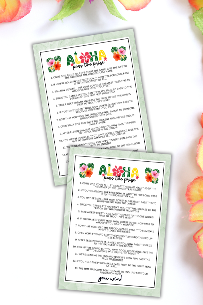 Are you seeking a fun and engaging activity to encourage guests to mix and mingle at your Hawaiian-themed Aloha event, tiki party, beach vacation, luau, birthday party, bachelorette or engagement party, or other fun summer gathering? Whether you've got kids, teens, adults, and even seniors in your gathering or group, this fun Pass The Prize game from Party Prints Press is just what you need! 