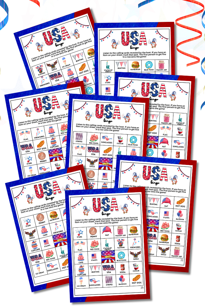 Patriotic BINGO Game - Fun for Labor Day, Memorial Day, Fourth of July, and More! Looking for a festive, colorful, and fun activity for your patriotic celebrations, family gatherings, or community events? This delightful "Patriotic BINGO" game from Party Prints Press is just what you need!