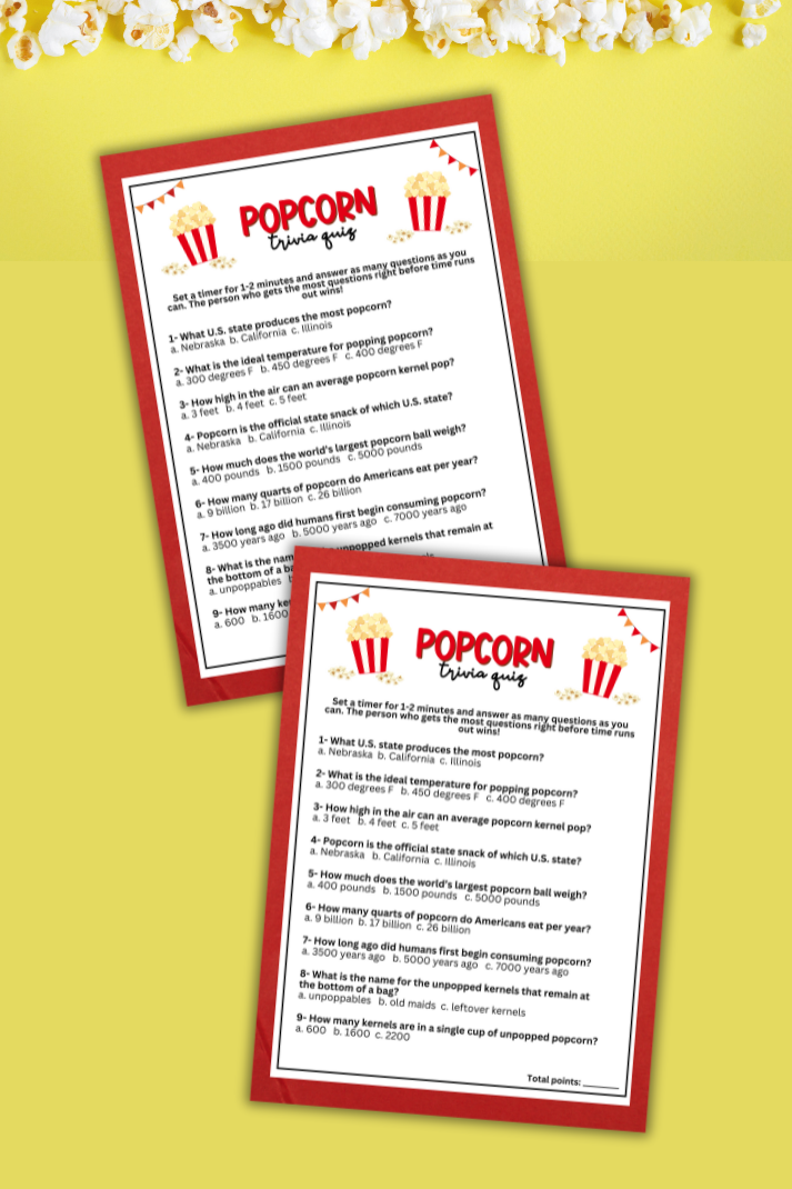 Are you looking for a unique and entertaining activity to add to your upcoming popcorn-themed birthday party, bridal shower, baby shower, fundraiser, office party, or other fun event? If you need a last-minute idea to liven up your celebrations, this exciting Popcorn-Themed Trivia game from Party Prints Press is the perfect addition to your popcorn party or popcorn bar theme!
