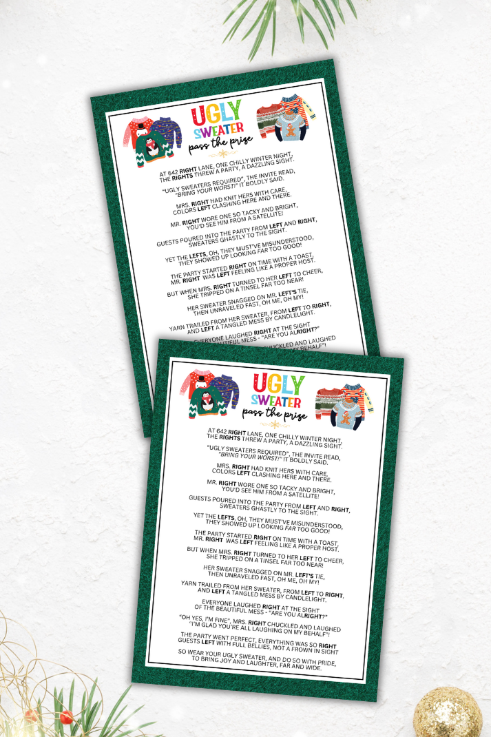 Unwrap the joy of the Christmas season with this festive and fun Ugly Sweater Party White Elephant Gift Exchange Dice Game! Whether you're hosting an office or work party, a church event, a cozy dinner party with family and friends, or anything in between, this simple game is suitable for guests of all ages.