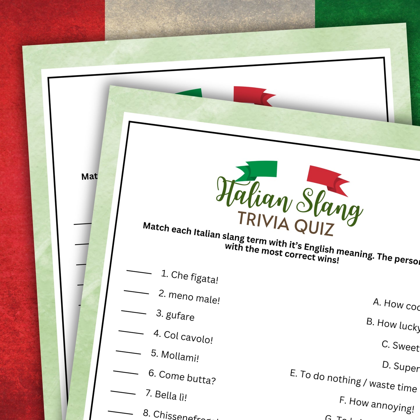 Are you hosting an Italian-themed event such as a pizza party, language learning gathering, or travel discussion? Experience an amusing and educational icebreaker with this cute and fun Italian Slang Matching Game from Party Prints Press!  This delightful game provides an opportunity for language learners and enthusiasts of all ages to enjoy themselves while matching common Italian slang expressions with their English translations.&nbsp;