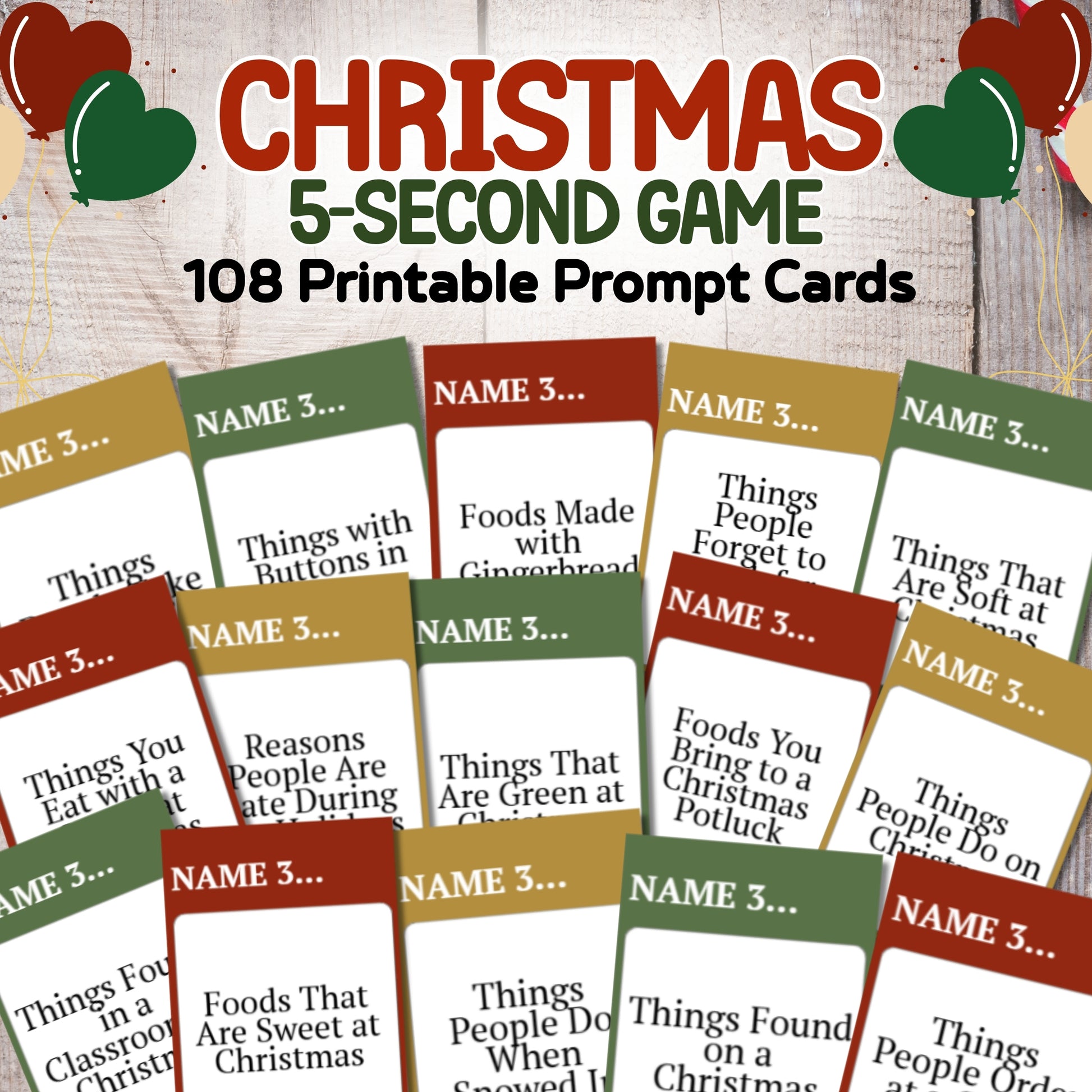 Promotional graphic for a Christmas 5-Second Game printable prompt card set, showing multiple sample cards with text prompts and a festive title banner on a whitewashed wood background.