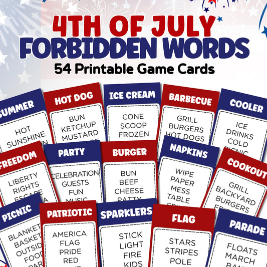 4th of July forbidden words game cards with red, white, and blue design.