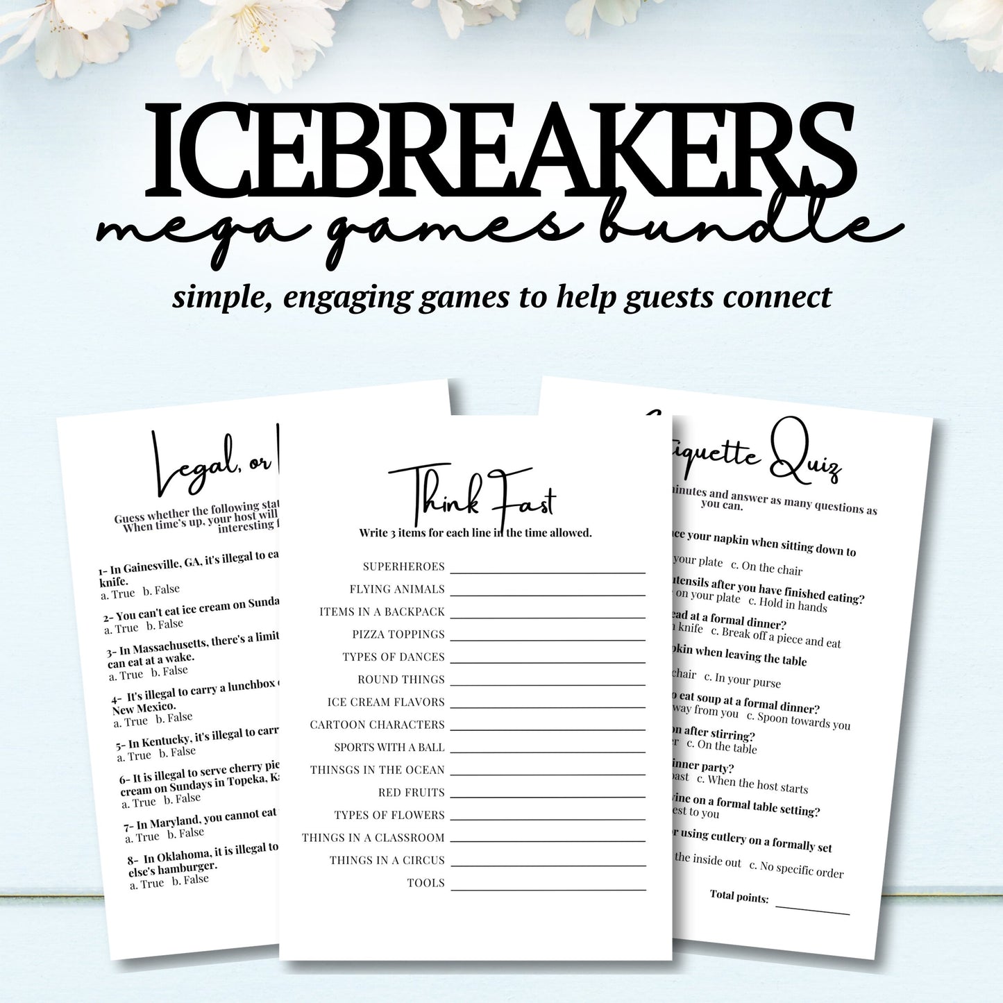 Icebreakers mega games bundle with three game sheets on a light blue background.