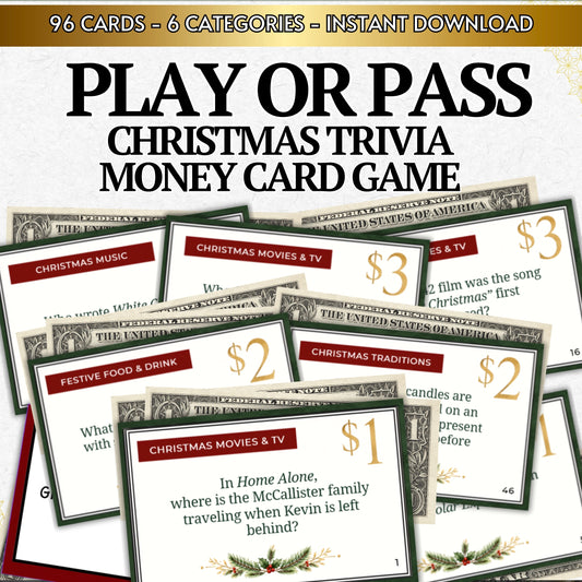 Digital product preview for a 'Play or Pass Christmas Trivia Money Card Game' showing multiple game cards fanned out over a white textured background with a gold banner at the top.