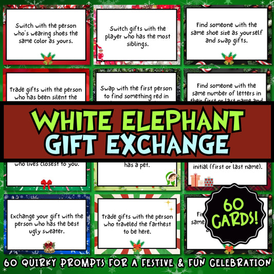 Bring the ultimate holiday fun to your next party with this White Elephant Gift Exchange Game! Perfect for office parties, family gatherings, or any festive occasion, this deck of printable cards will ensure a good time for all.