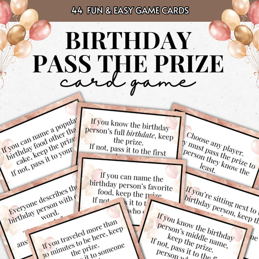 Birthday pass the prize card game with cards displayed and balloons in the corner.