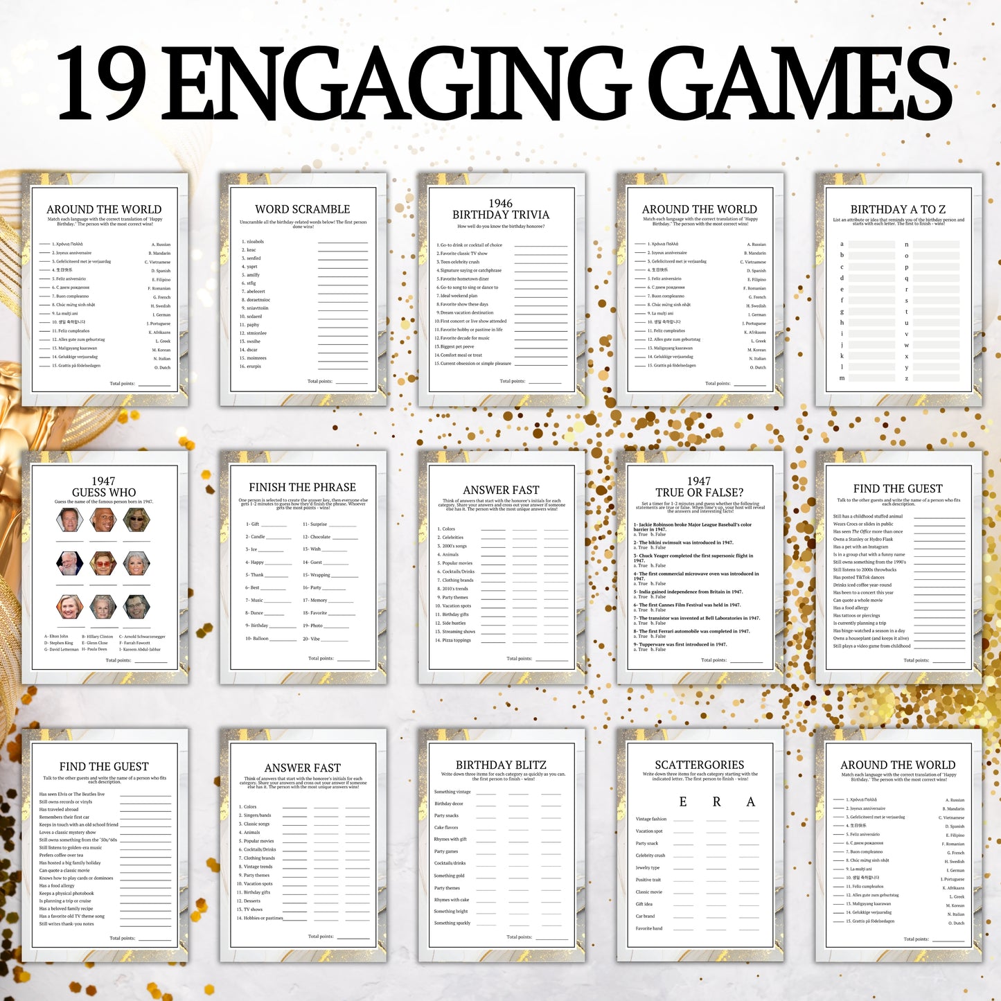 A promotional graphic for a game bundle titled '19 ENGAGING GAMES' with multiple game sheet previews arranged in a grid on a white background with gold confetti accents. The sheets include activities such as Around the World, Word Scramble, Birthday Trivia, BIRTHDAY A TO Z, 1st CREEP WAR, FIND THE PHRASE, ANSWER FAST, FIND THE GUEST, FIND THE GUEST!, BIRTHDAY BLUNT, SCATTERGORIES, and AROUND THE WORLD.