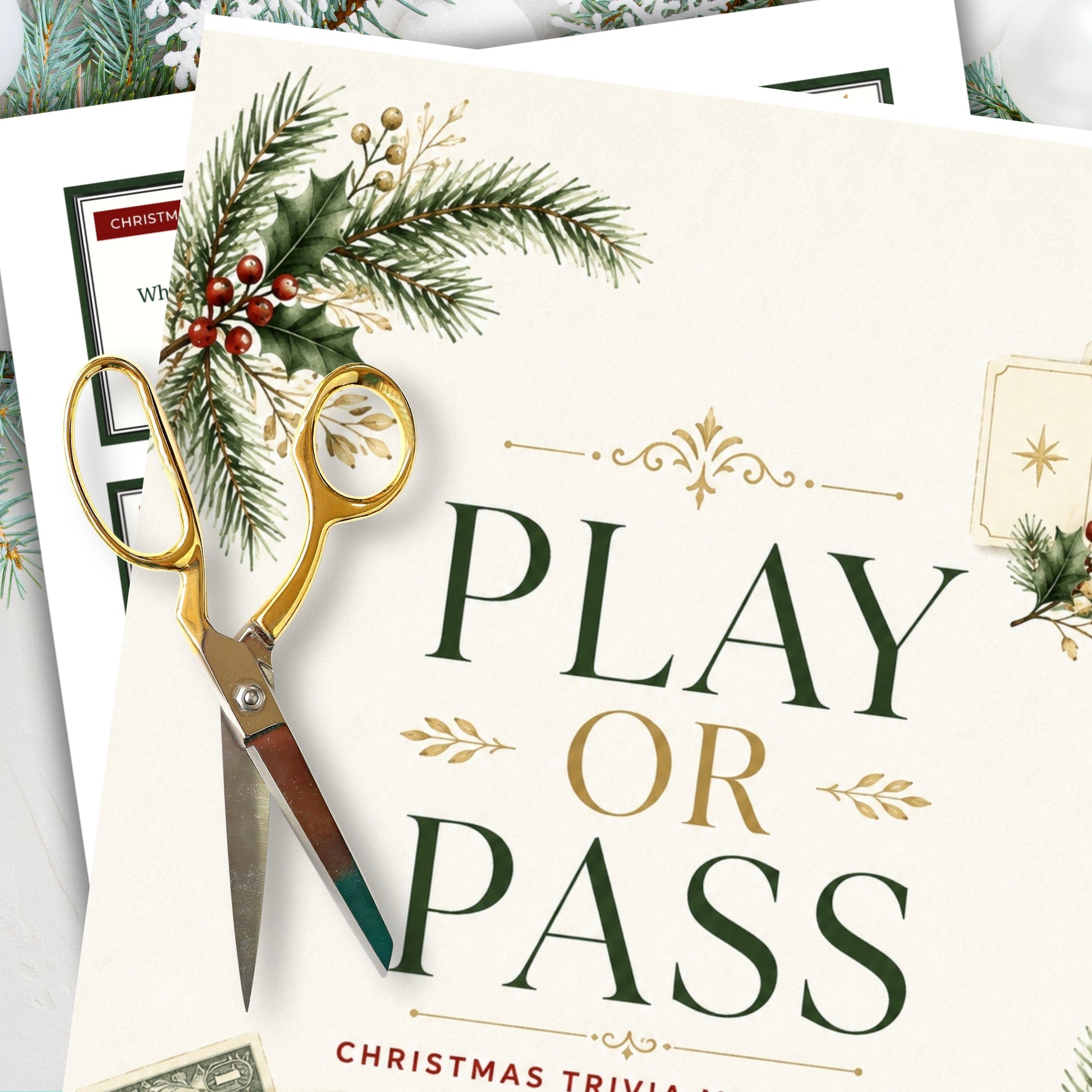 A Christmas trivia game card titled 'PLAY OR PASS' styled on a light surface with a gold-handled scissors and holly and pine branches. Partially visible behind the main card are other cards with holiday text.
