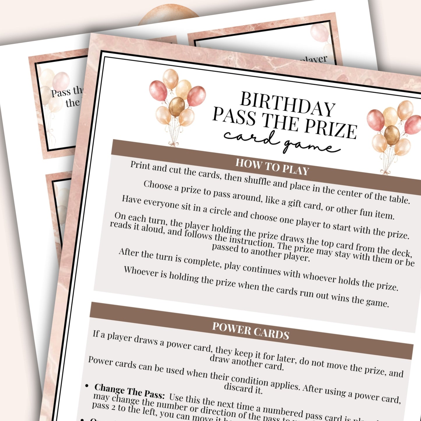 Birthday pass the prize card game instructions with balloons on a white background
