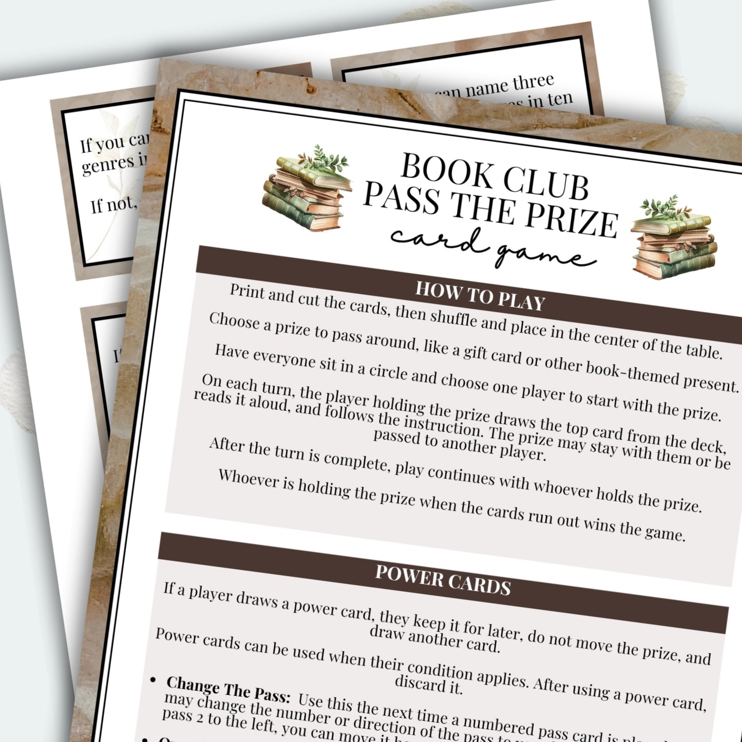 Instructions for a 'Book Club Pass the Prize' card game on printed paper.