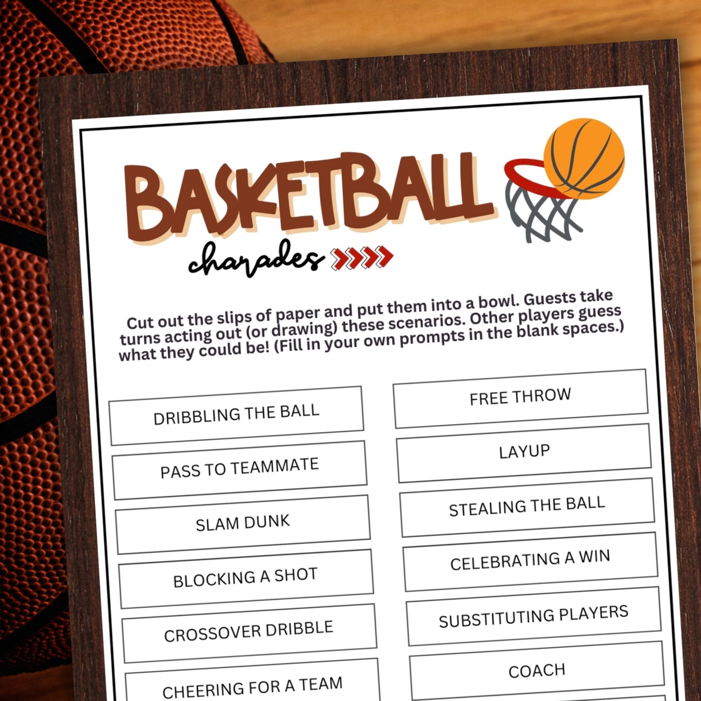 Looking for a fun and engaging activity to bring some excitement to your basketball-themed events? Look no further than this Basketball Charades game from Party Prints Press!&nbsp;  Perfect for games, practices, team bonding sessions, basketball camps, birthday parties, fan gatherings, youth leagues, and other basketball-related occasions, this printable charades game is a fantastic addition to your activities.