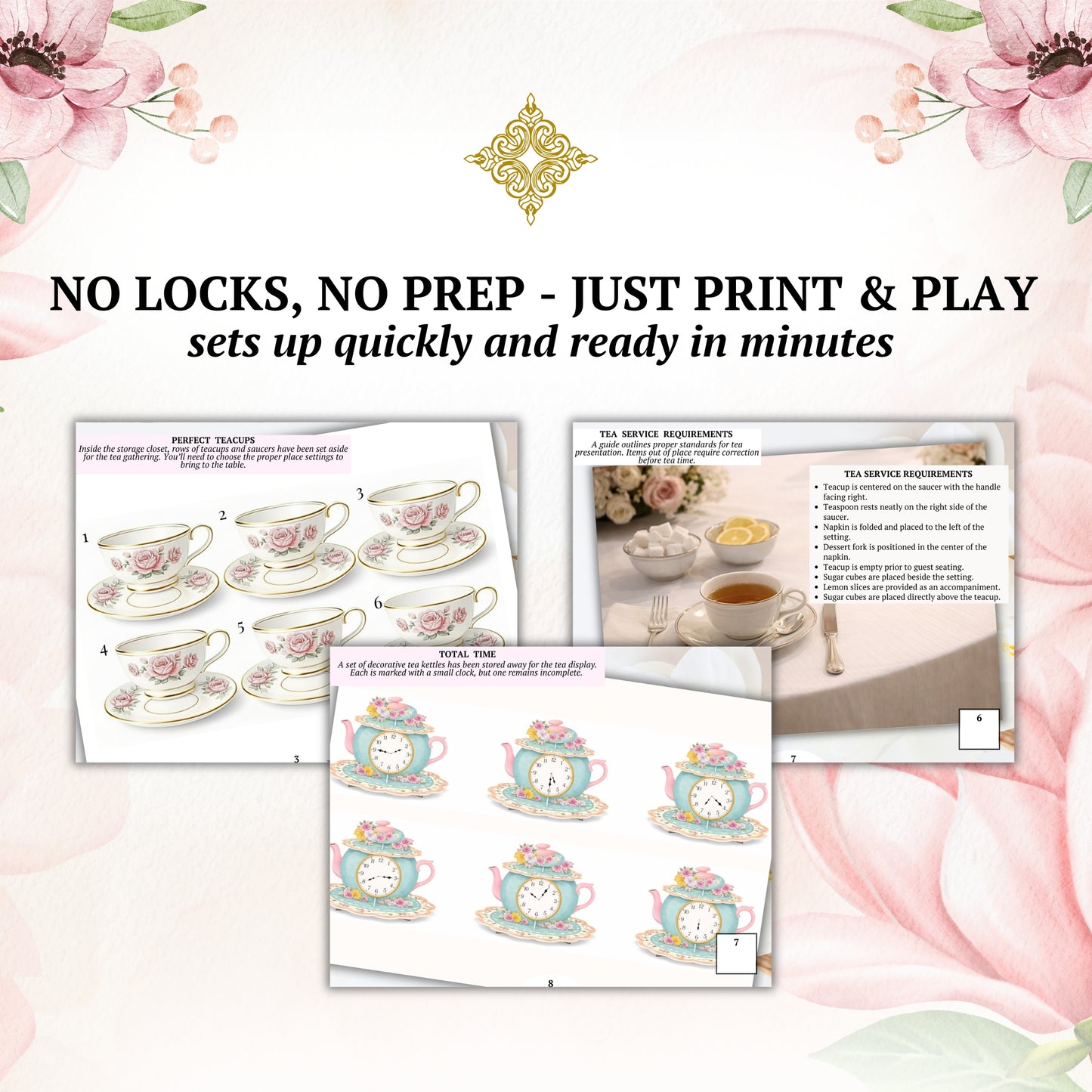 Tea-themed printables with floral decorations on a decorative background