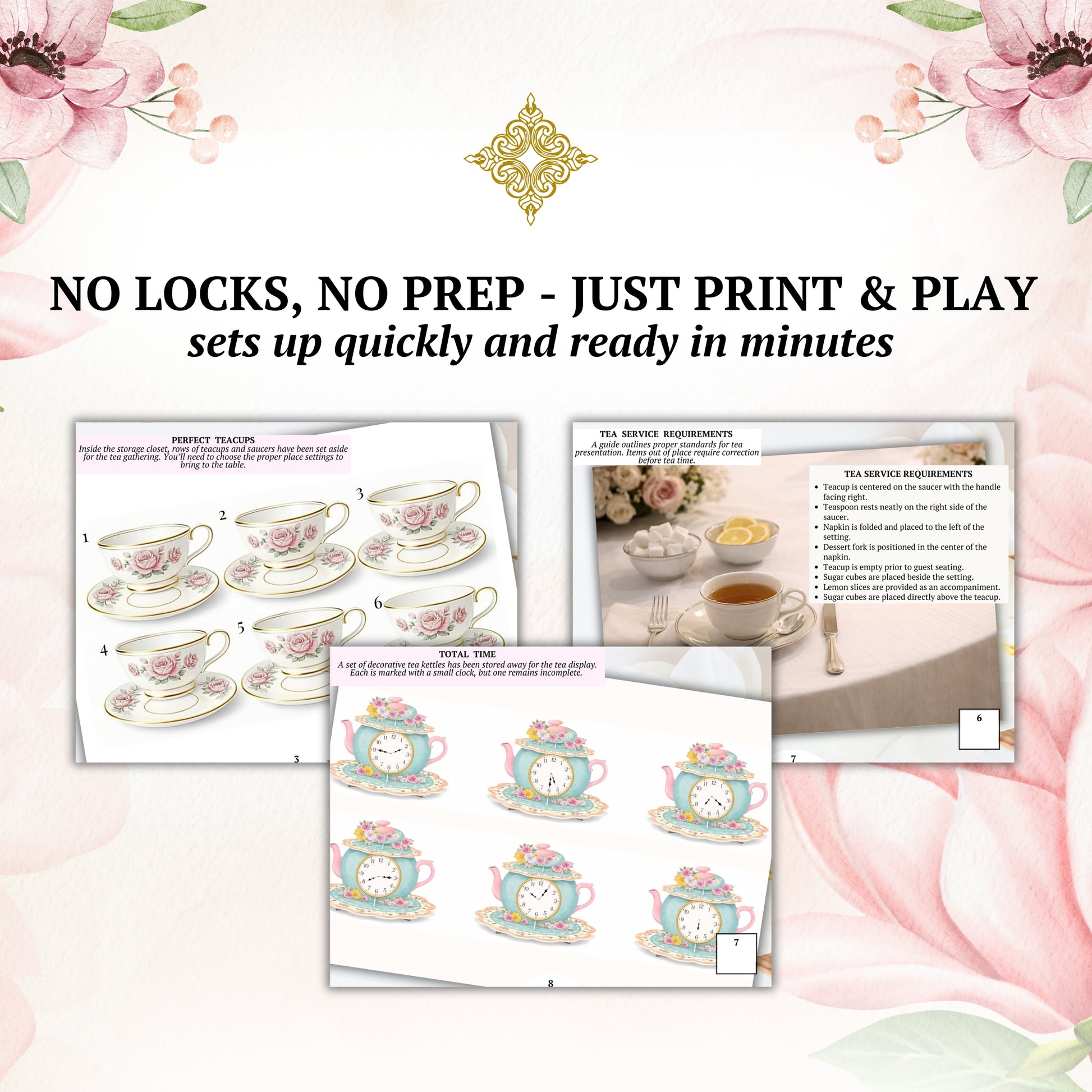 Tea-themed printables with floral decorations on a decorative background