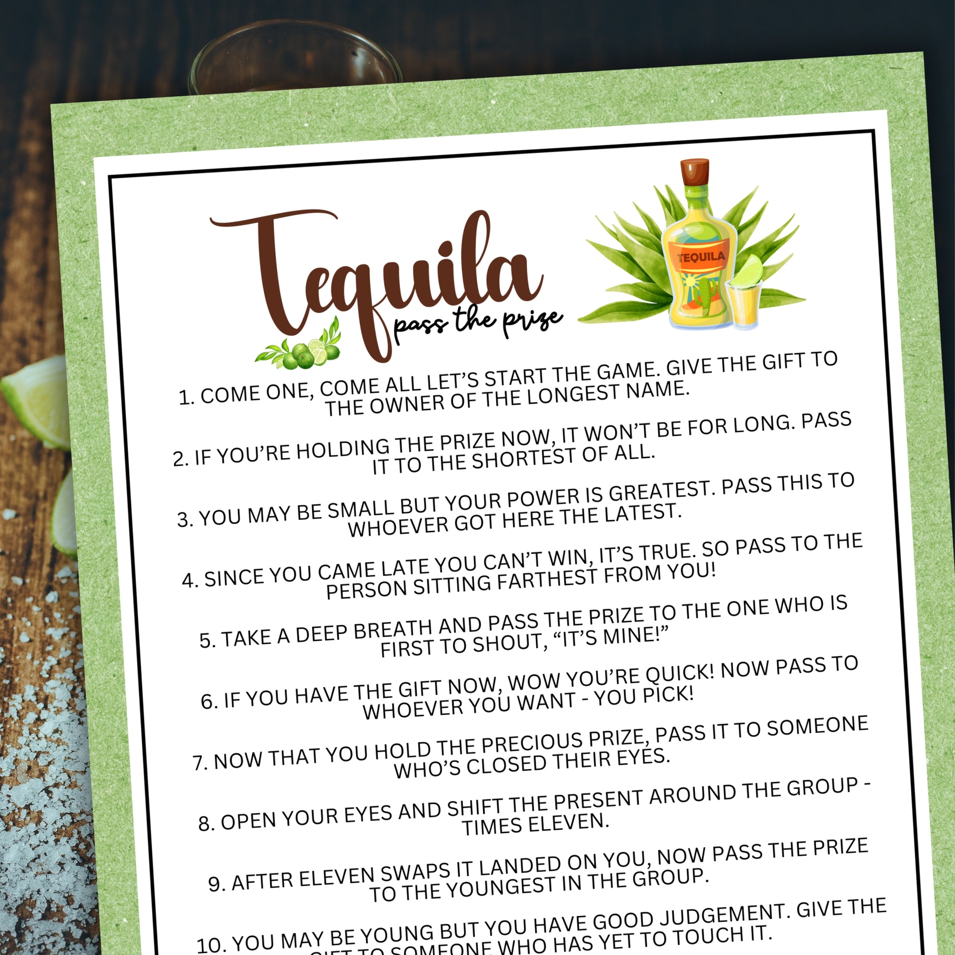 Are you seeking a fun and engaging activity to enjoy with friends at your upcoming alcohol-inspired event, dinner party, bachelor or bachelorette party or even just a pub crawl night on the town?   If you need a fun last-minute idea to add to your celebrations, this fun Tequila-Themed Pass The Prize game from Party Prints Press is just what you need!&nbsp;  This game is a simple poem that you can read aloud to participants or print out a copy for each to read along!