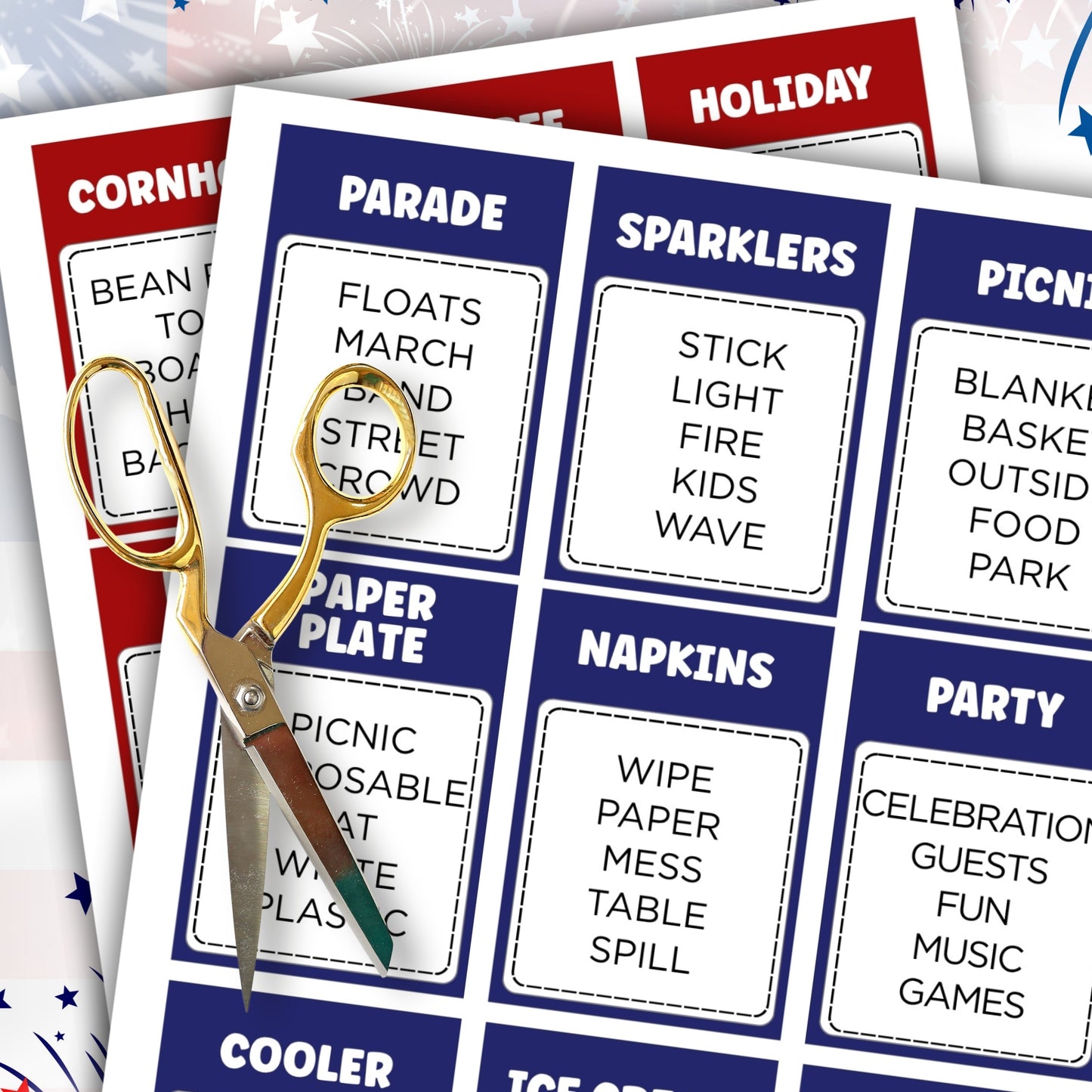 Set of party planning cards with a pair of scissors on top, featuring various party items and activities.