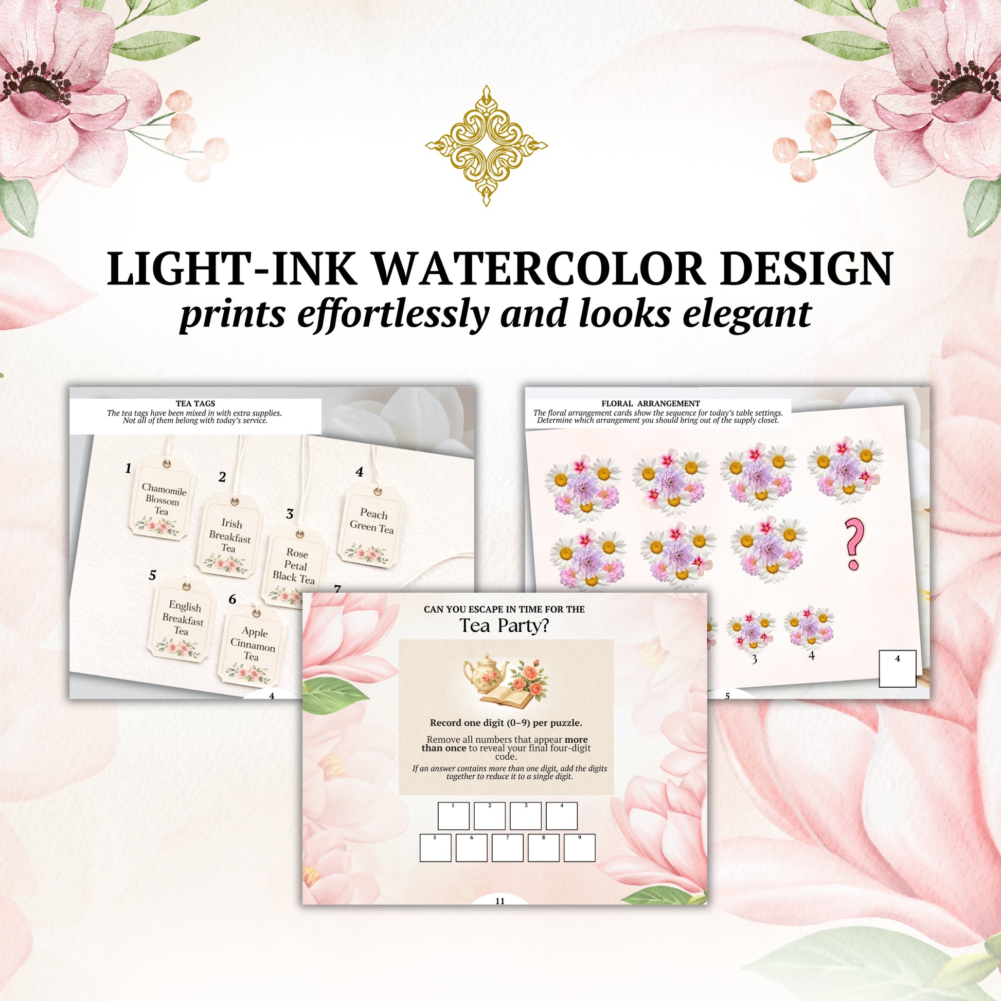 Light-ink watercolor design cards with floral elements on a soft pink background