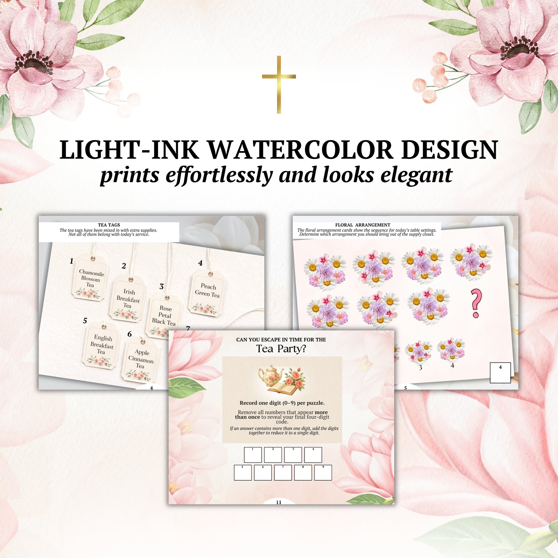 Light-ink watercolor design with educational cards on a floral background