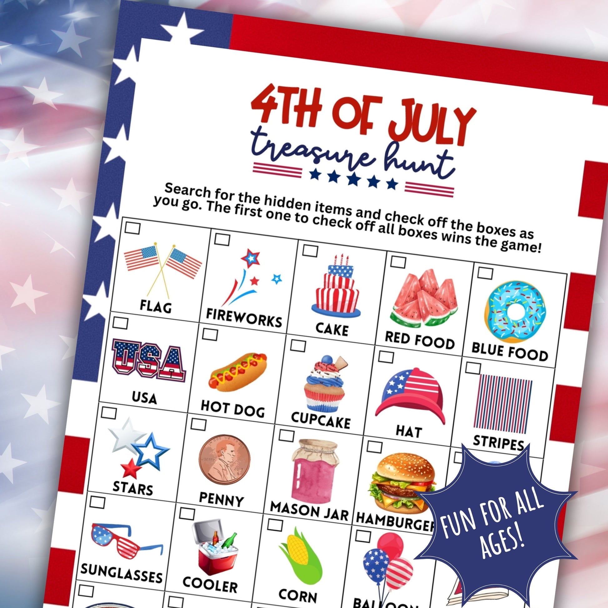 4th of July Treasure Hunt Game For Tweens Kids Adults Teens Seniors Independence Day Scavenger Search Patriot USA Printable Party Game