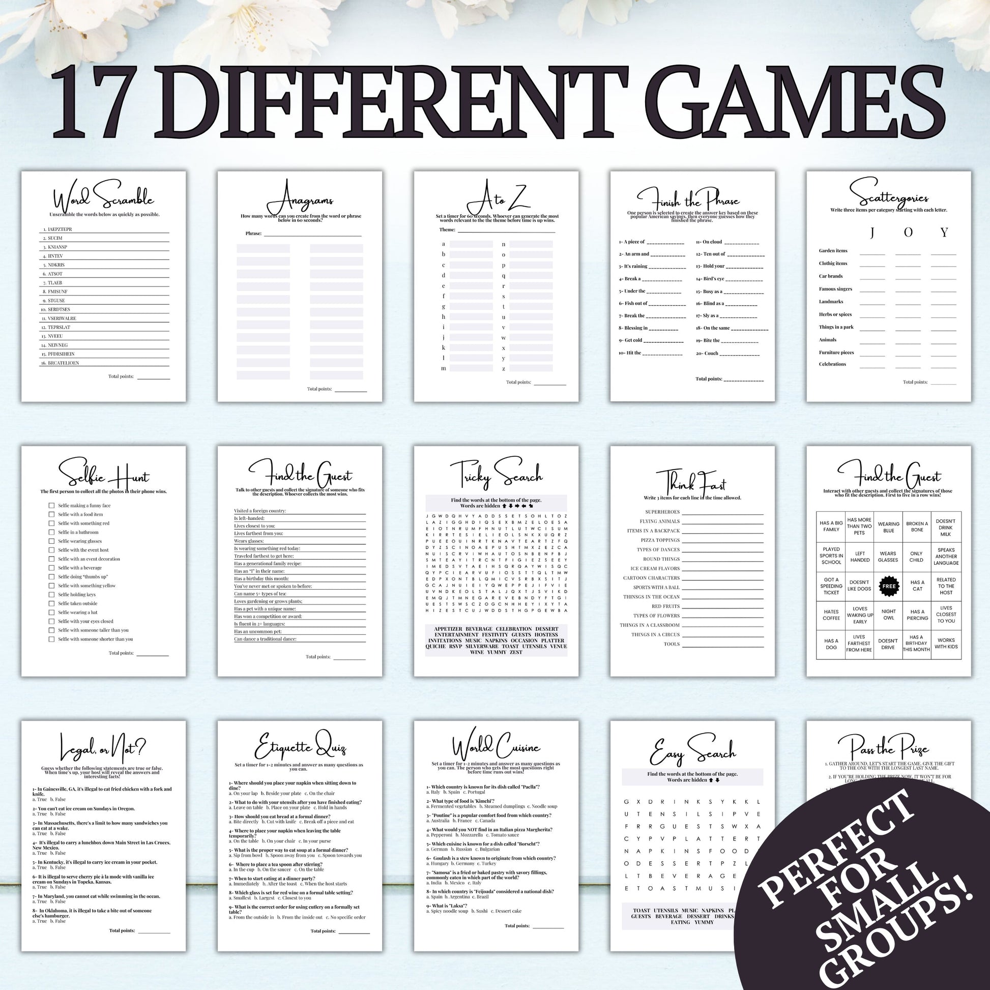 Collection of game cards with titles on a light blue background