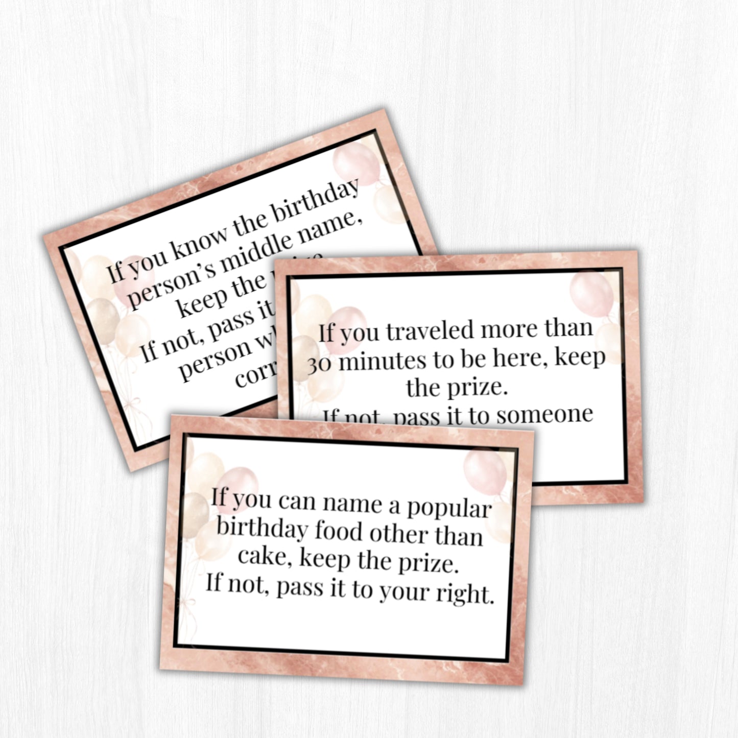 Three cards with humorous birthday game instructions on a white background