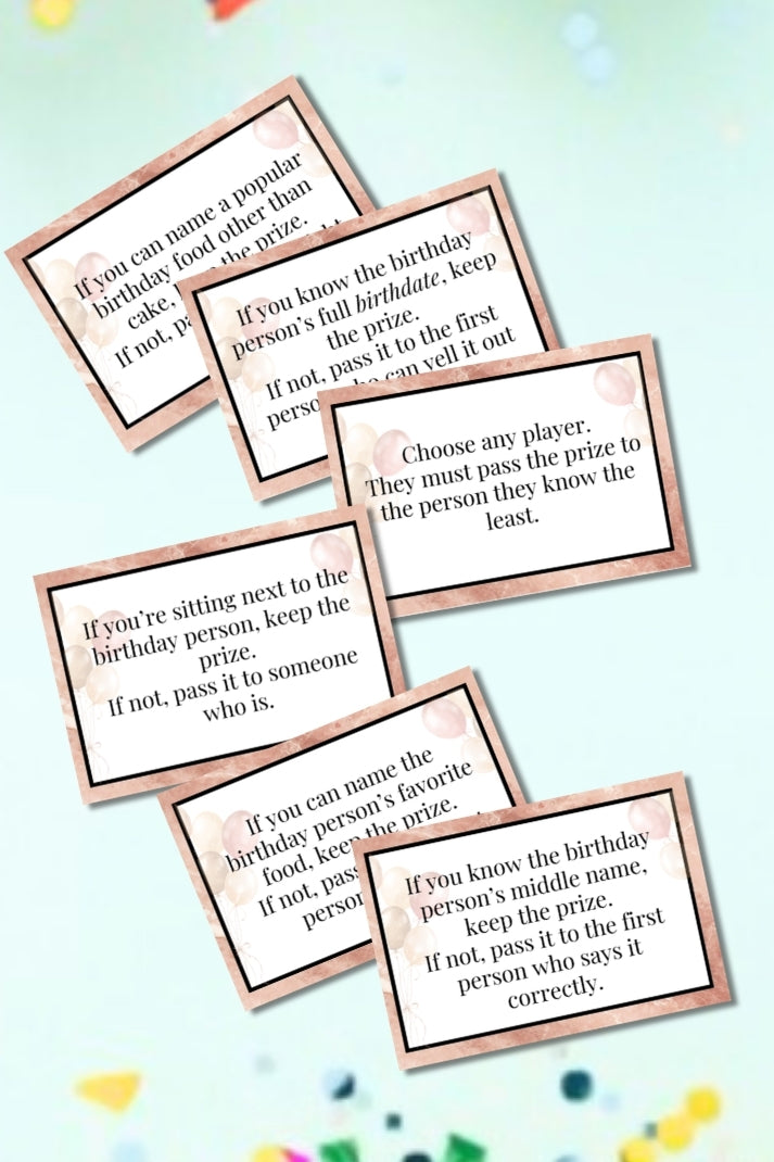 Set of cards with birthday party game questions on a light blue background