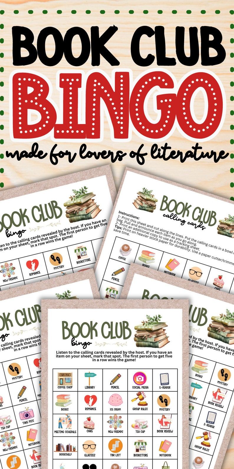 Book Club Bingo cards with text 'Book Club Bingo made for lovers of literature' on a green background.