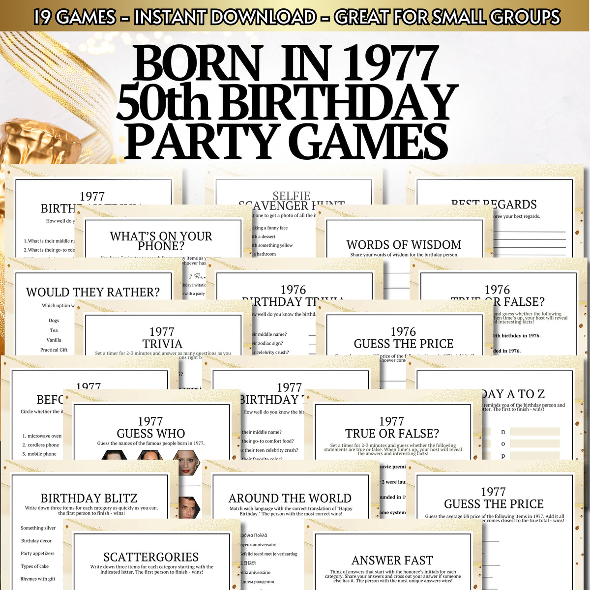 A collage of printed party game sheets and covers for 1967-themed party games, with large promotional text at the top reading 'BORN IN 1967 PARTY GAMES' and a banner noting 19 games as an instant download for small groups.