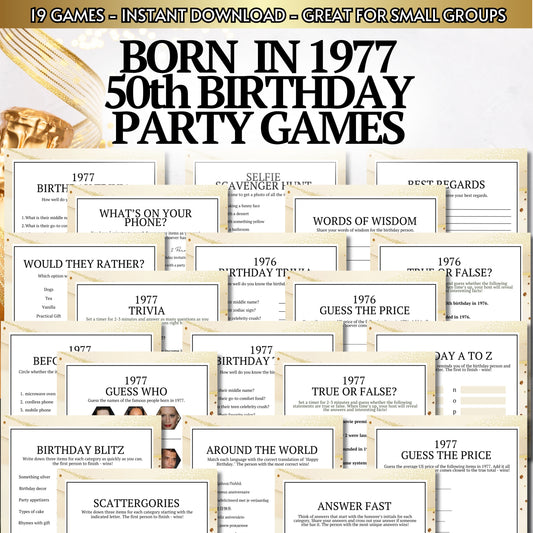 A collage of printed party game sheets and covers for 1967-themed party games, with large promotional text at the top reading 'BORN IN 1967 PARTY GAMES' and a banner noting 19 games as an instant download for small groups.