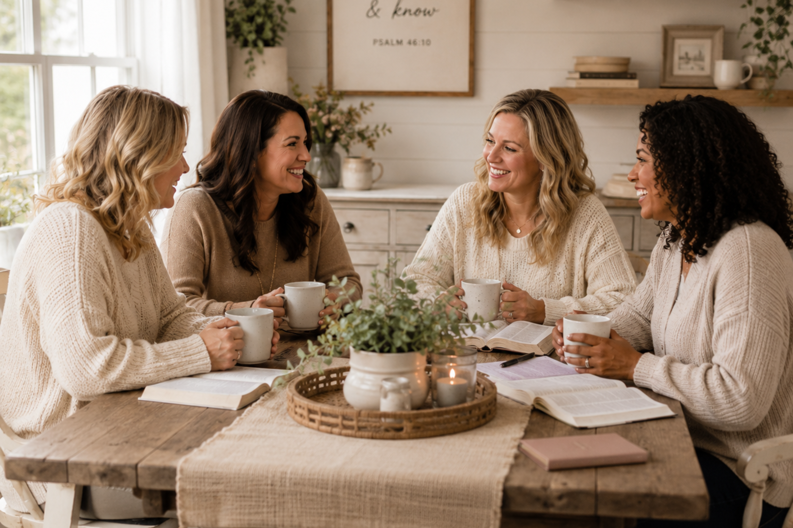 Four women sitting around a wooden table, engaged in conversation, with a cozy indoor setting.