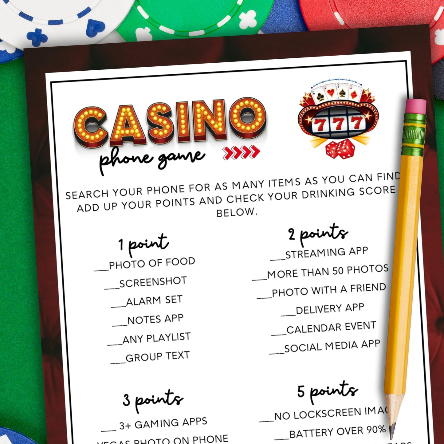 Casino Party Drinking Game - Phone Scavenger Hunt