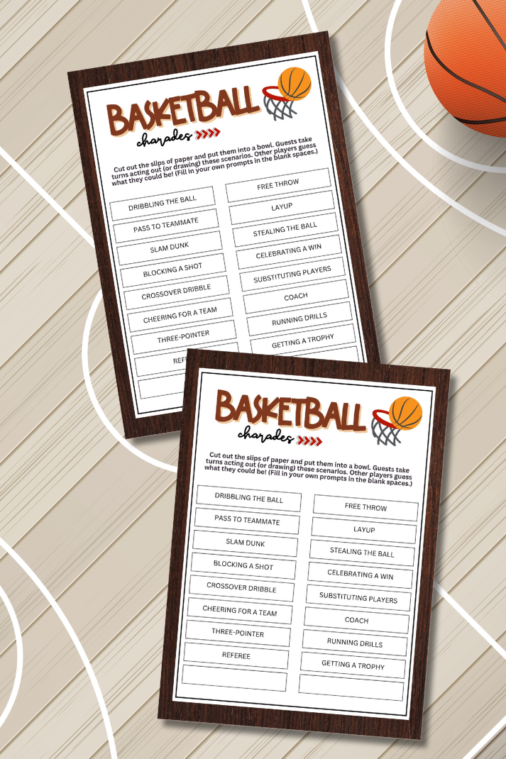 Looking for a fun and engaging activity to bring some excitement to your basketball-themed events? Look no further than this Basketball Charades game from Party Prints Press!&nbsp;  Perfect for games, practices, team bonding sessions, basketball camps, birthday parties, fan gatherings, youth leagues, and other basketball-related occasions, this printable charades game is a fantastic addition to your activities.