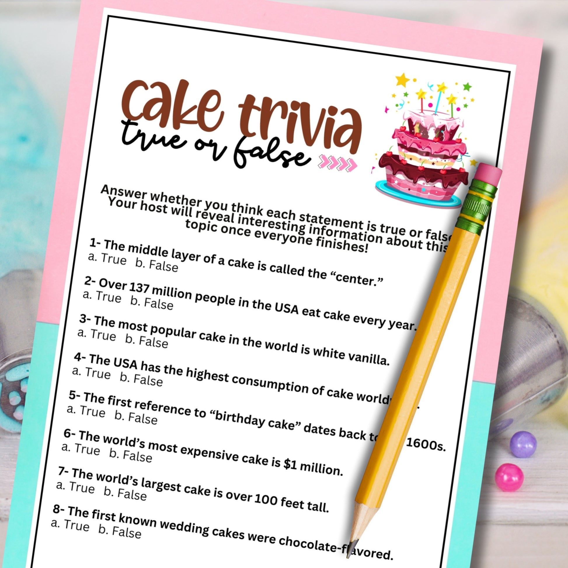 pink and blue cake trivia single page mockup image of pop quiz questionnaire