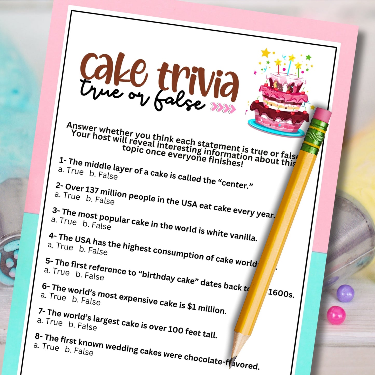 pink and blue cake trivia single page mockup image of pop quiz questionnaire