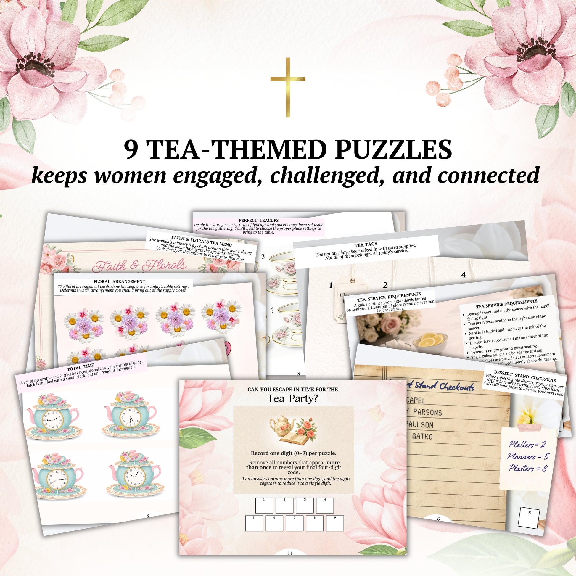 Tea-themed puzzles with floral decorations on a light background