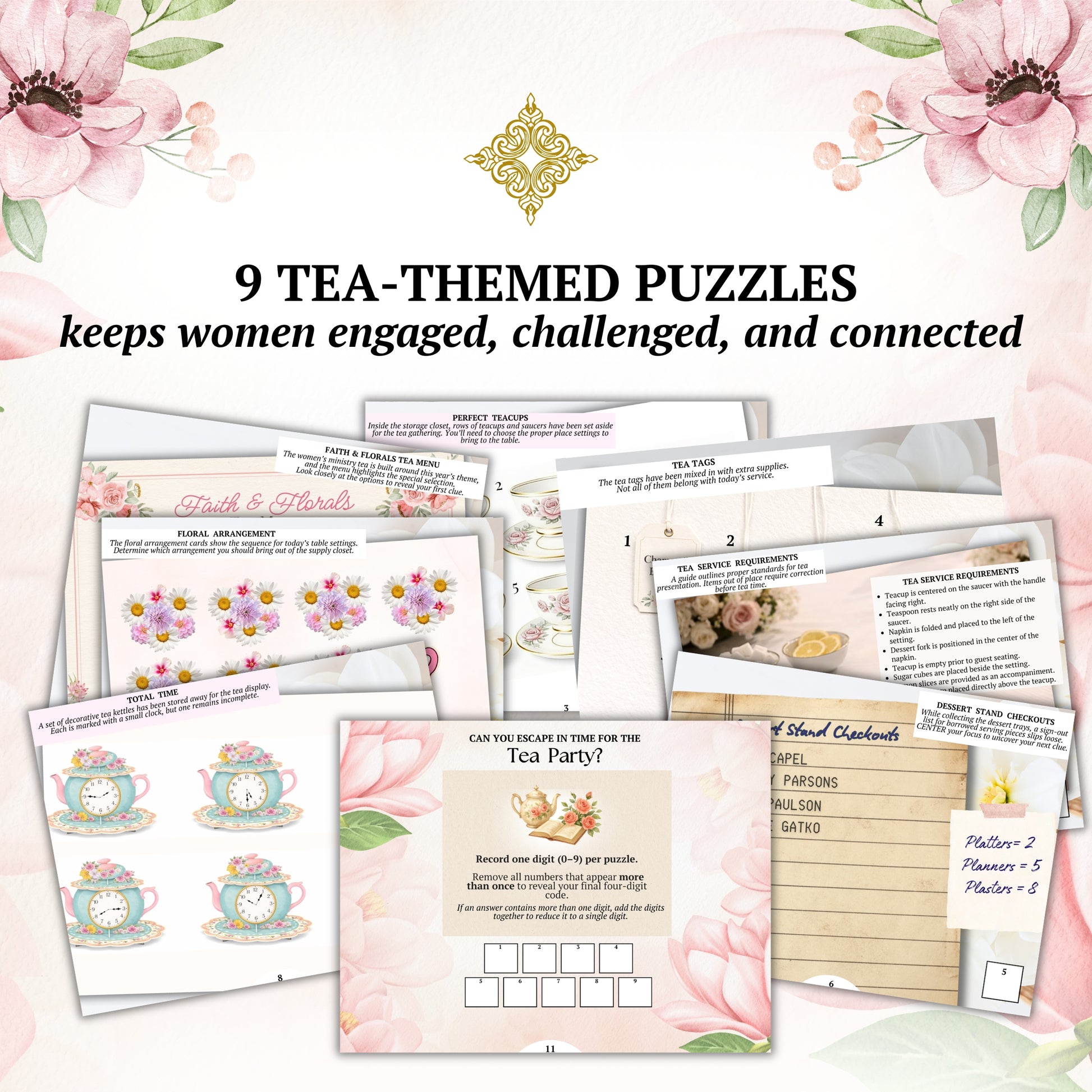 Tea-themed puzzles on a floral background with text about engagement and connection.
