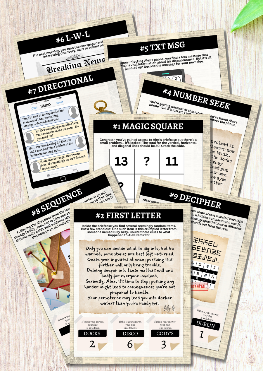 Spy Birthday Party Cold Case Printable Escape Room - The Perfect Activity For Tweens - Rumors swirl and whispers abound about the enigmatic journalist who vanished without a trace...  Authorities are fresh out of ideas and are turning to the general public for help.   Now, it's up to you and your crew to piece together the clues and unravel the secrets hidden within his cryptic notes.  Can you discover what *really* happened to Alex Ramirez before it's too late?