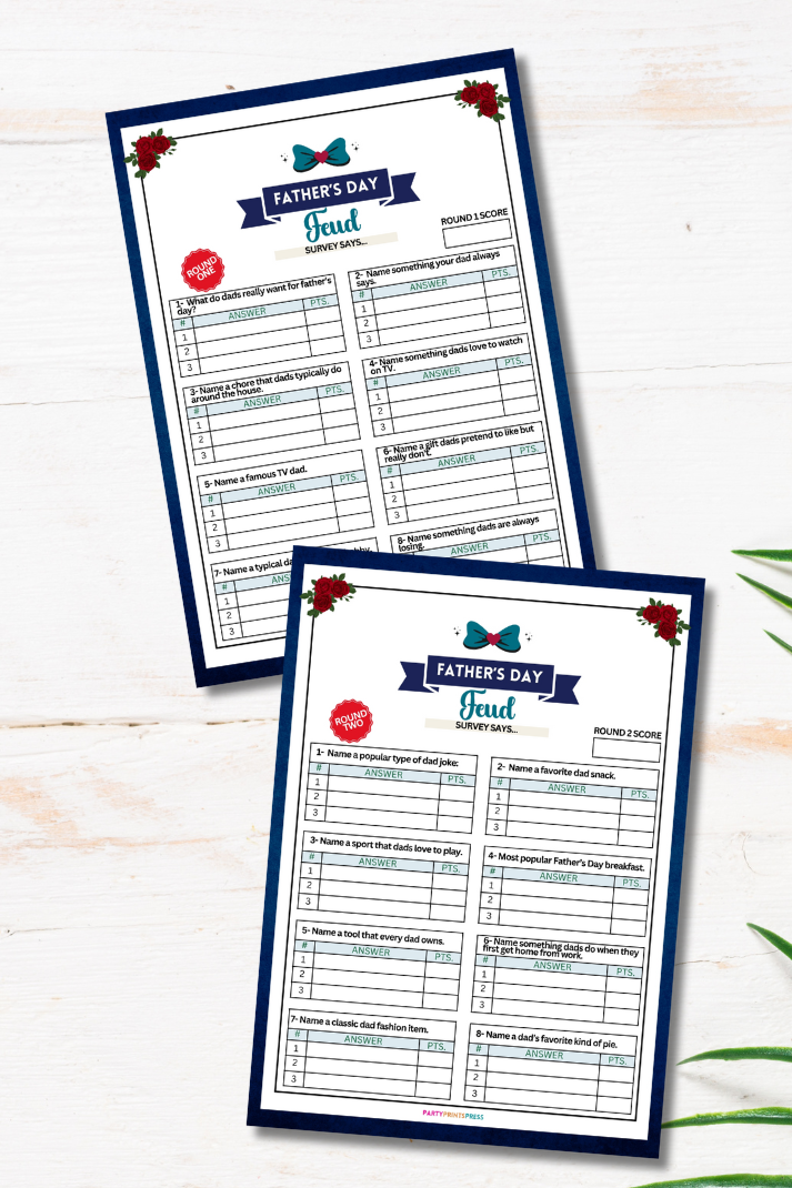 Father's Day Feud Printable Party Game - This printable Father's Day Feud game is the perfect last-minute idea for your Father's Day celebration!&nbsp;  Whether you're hosting a family gathering or looking for something fun to do with dad, this game will surely be a big hit.&nbsp;  Ideal for families across generations, it's fun for all ages and takes about 30 minutes to play.&nbsp;  Best of all, it's an instant download, so you can buy it today and PLAY it with no additional materials needed!