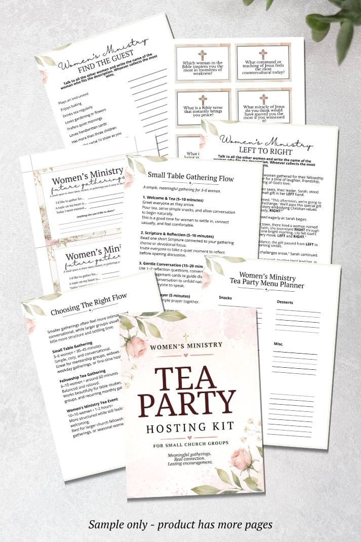 Women's ministry tea party hosting kit flatlay image

